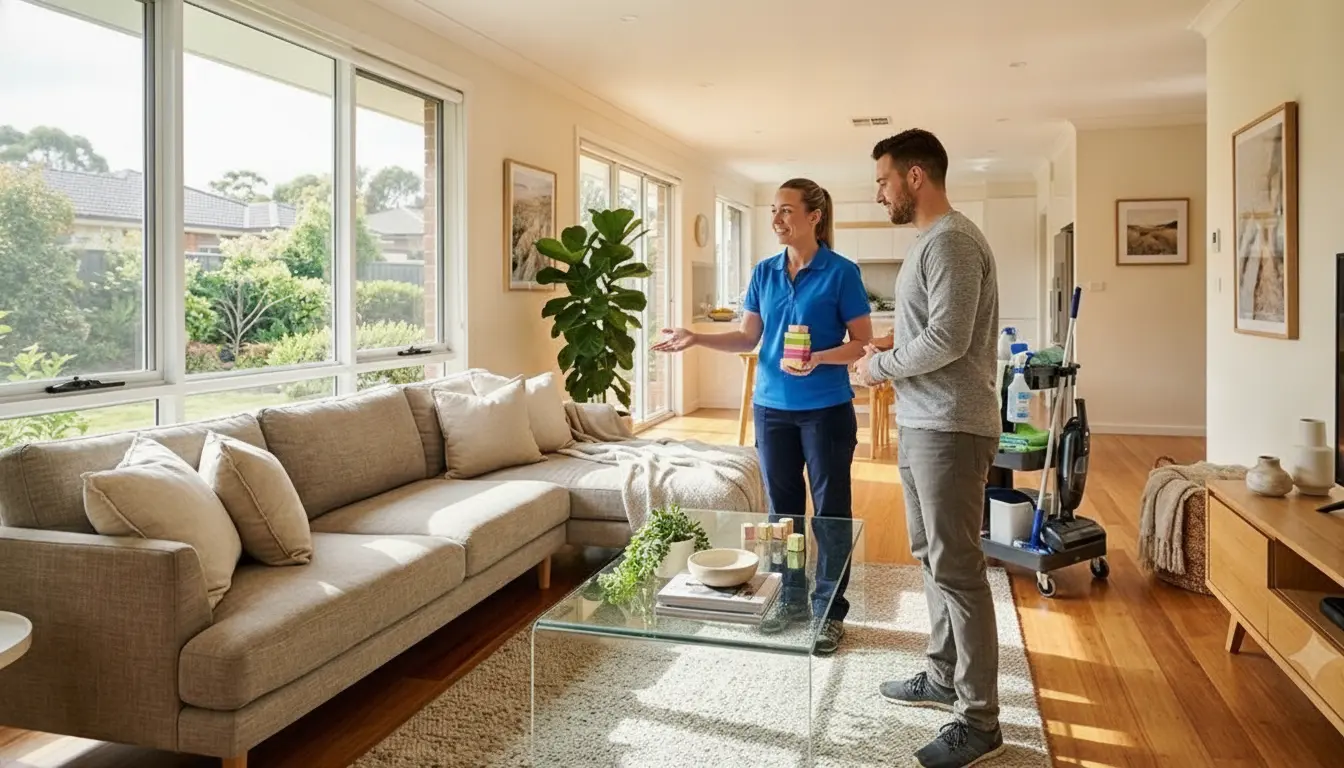 Homeowner reviewing cleaning priorities with a professional cleaner in an Oklahoma City area living room