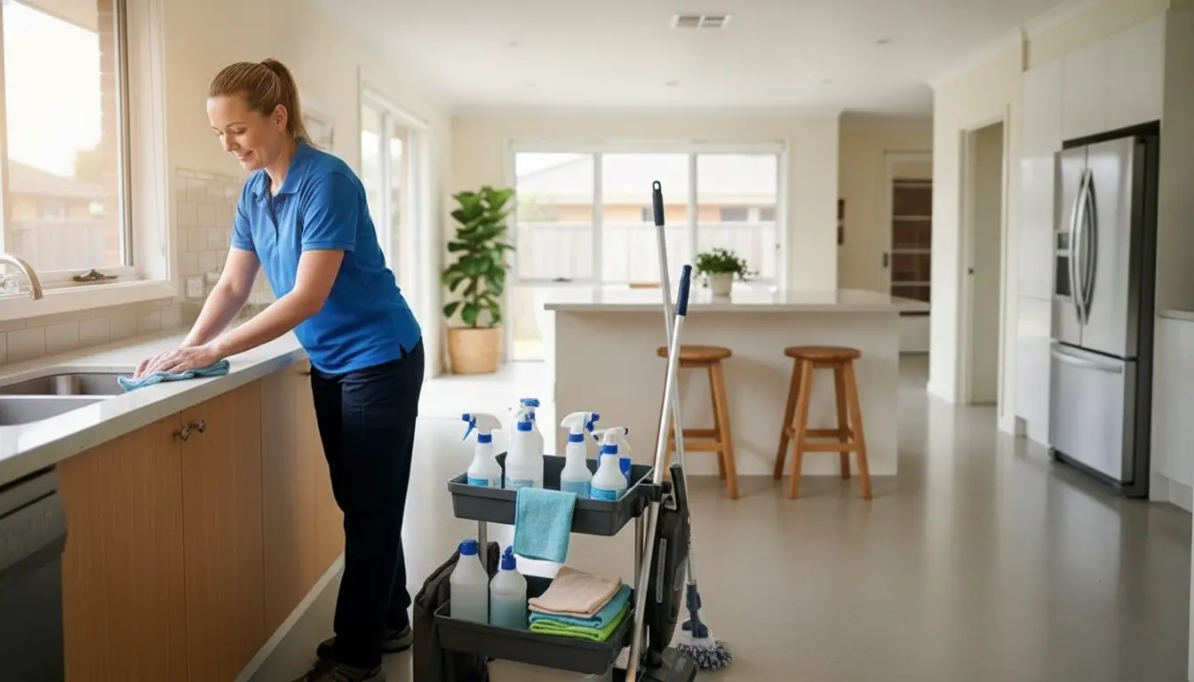 Professional cleaner wiping a bright Oklahoma City area kitchen countertop