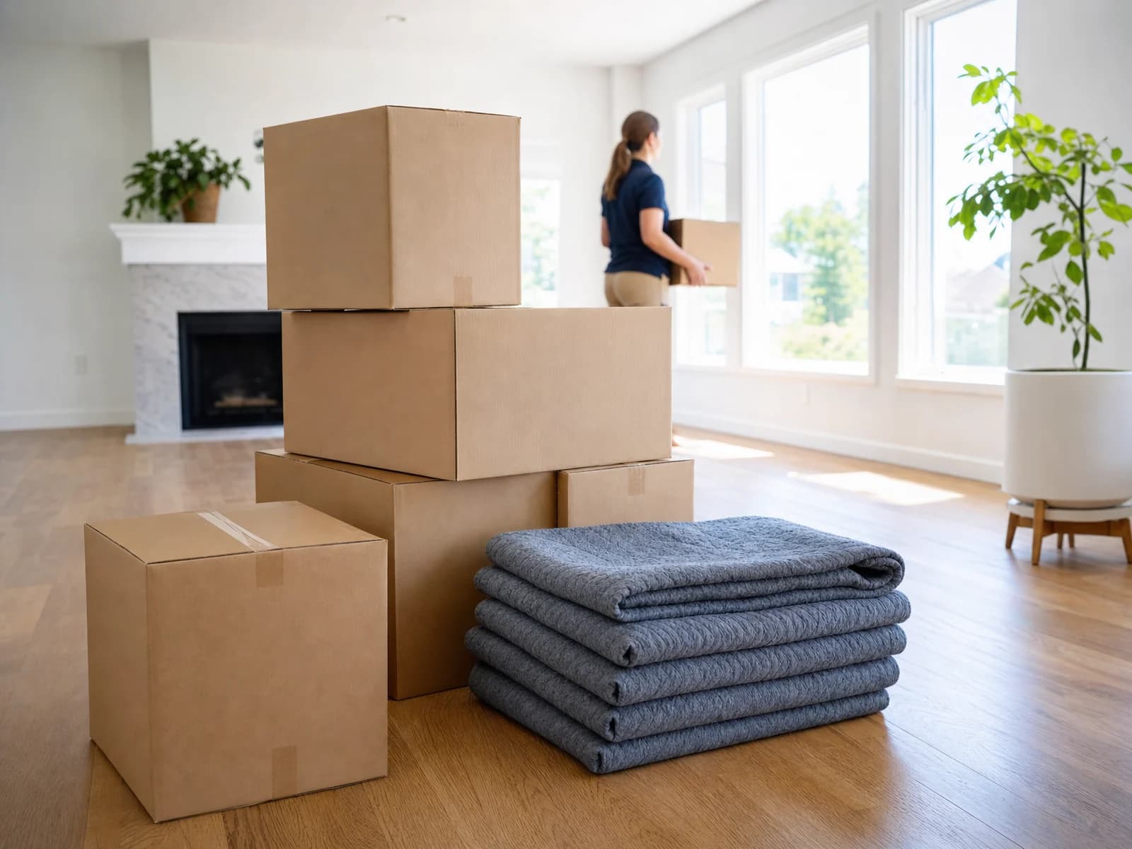 Moving boxes stacked in a bright empty room ready for a move