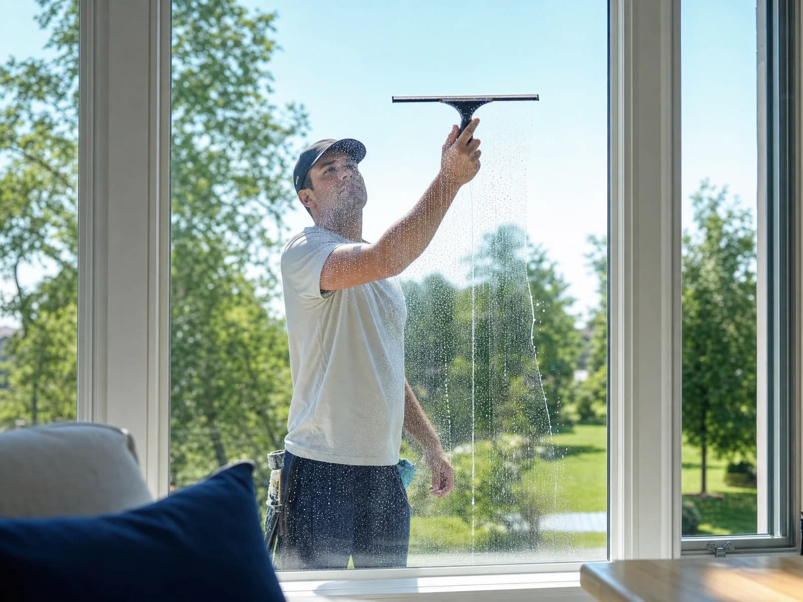 Window being cleaned with a squeegee in bright daylight