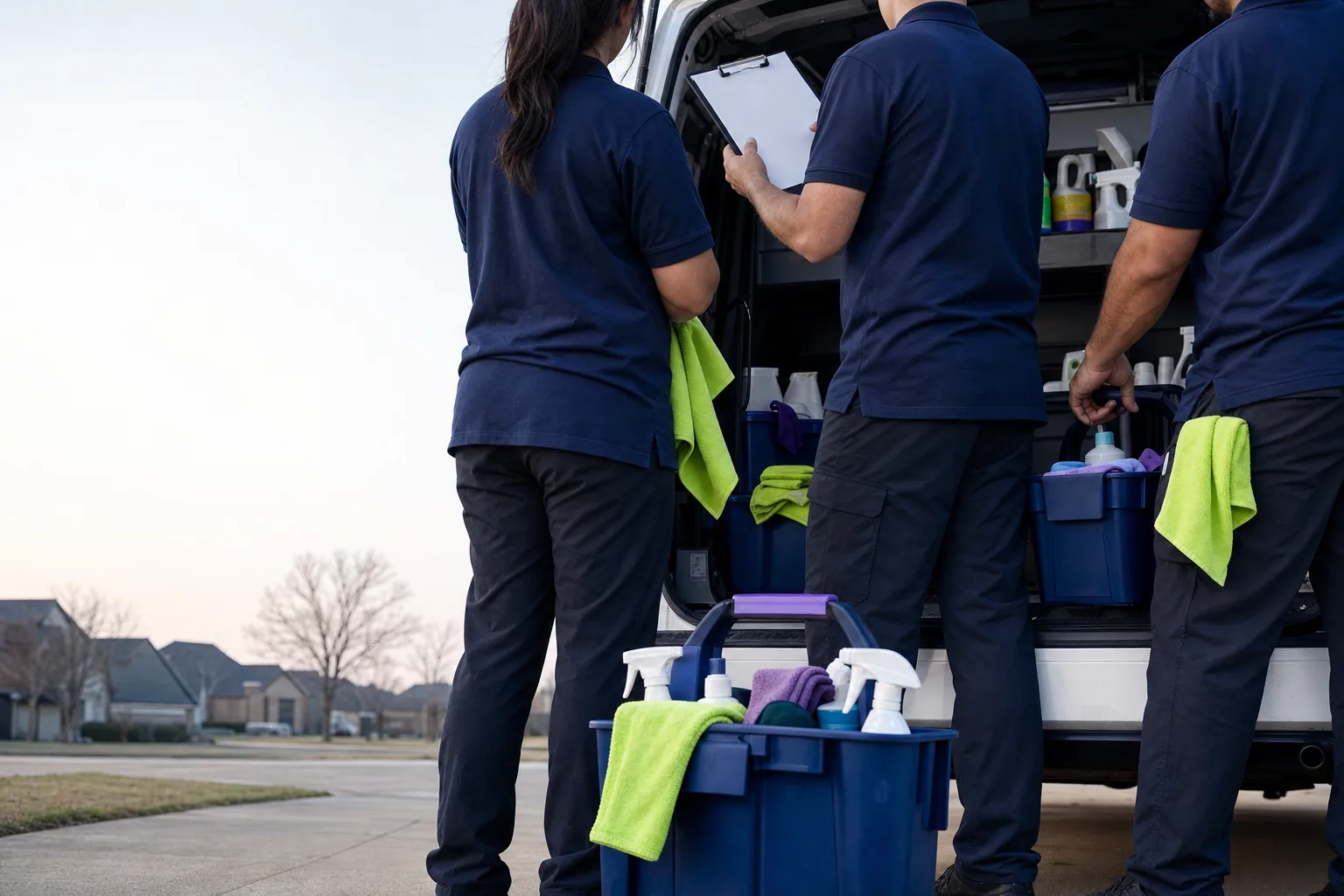 Cleaning crew loading supply caddies at the back of a service van
