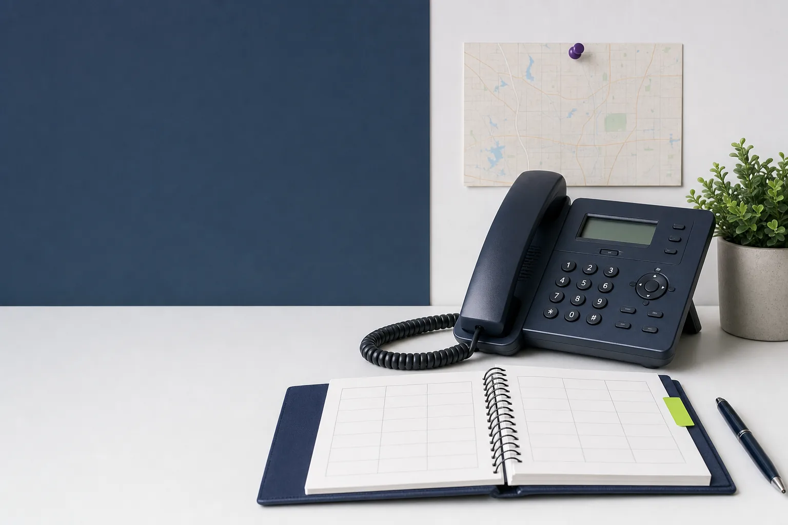 Office desk with a phone, open scheduling notebook, and a pinned local map