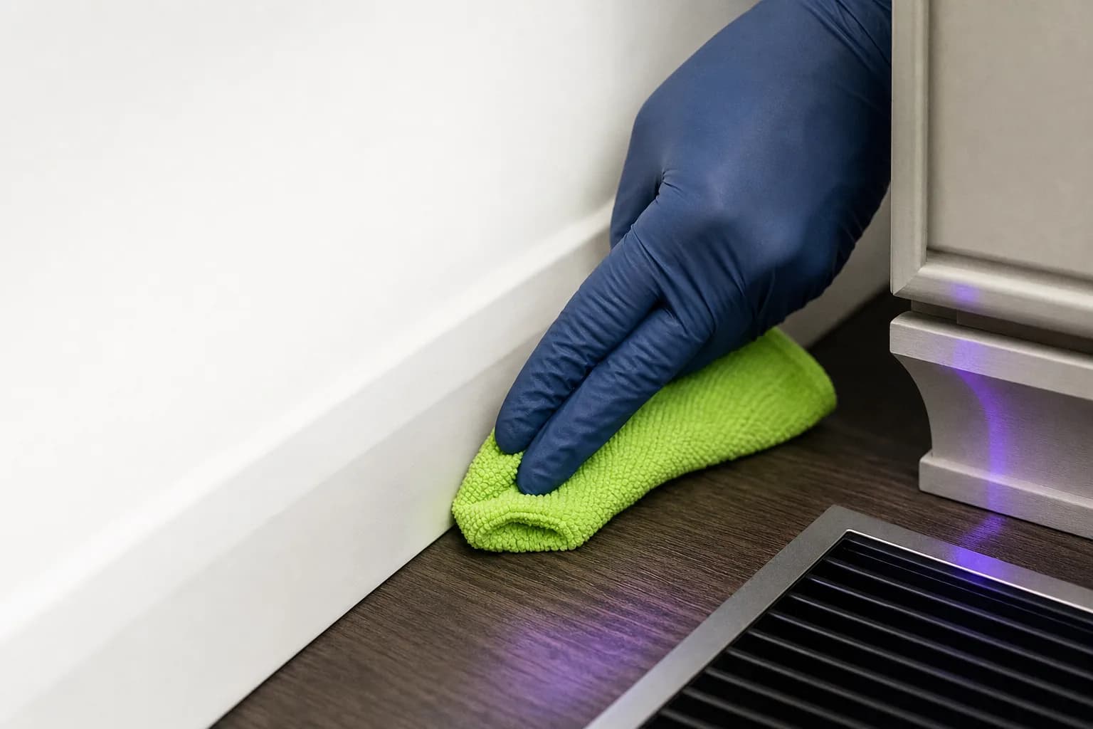 Gloved hand detailing a cabinet edge with a lime microfiber cloth