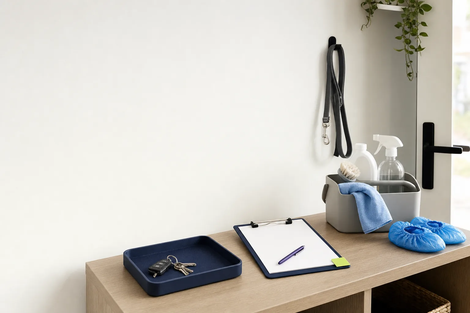Quiet entry table with keys in a tray, a checklist clipboard, and cleaning spray