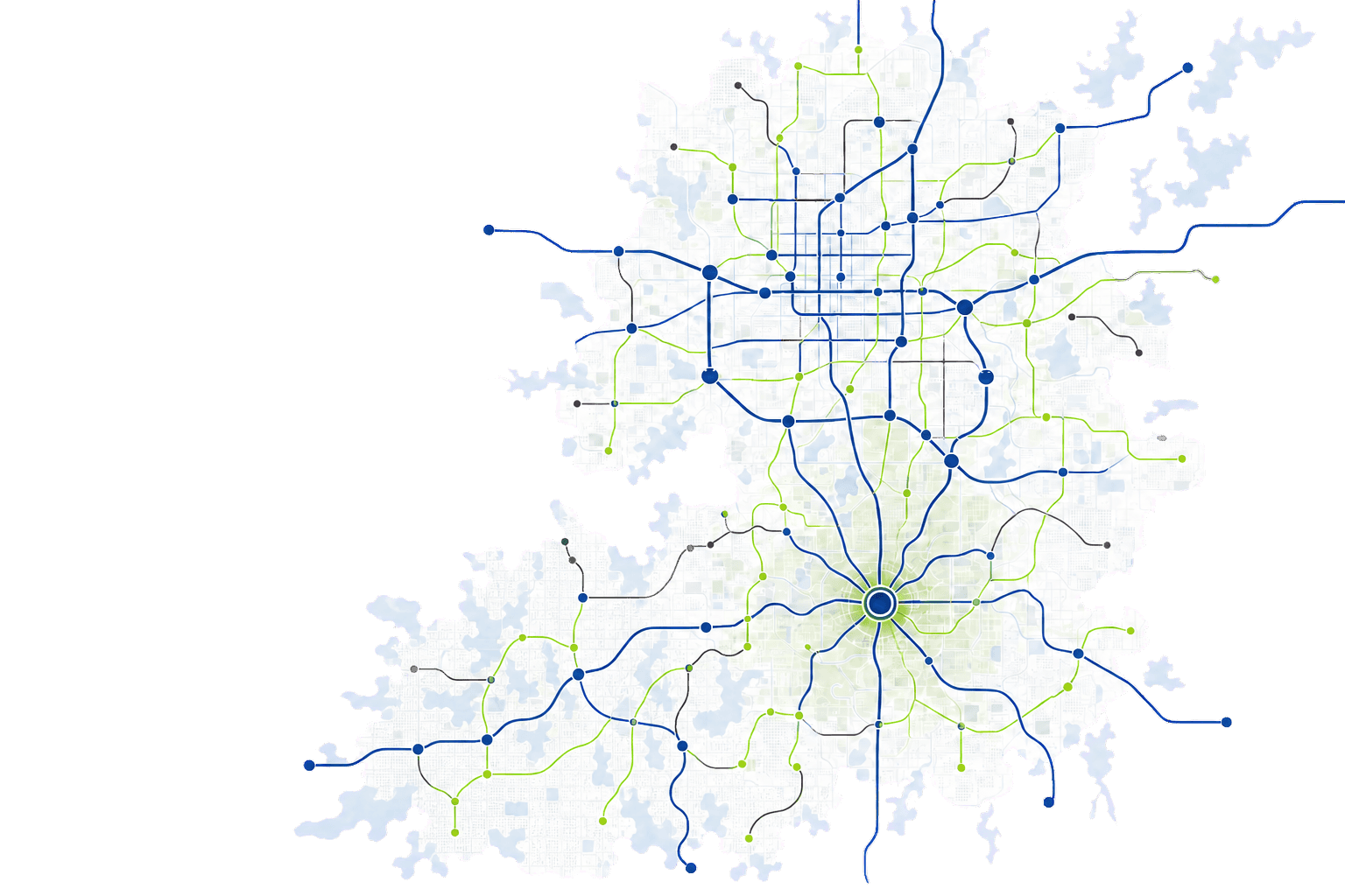 Stylized route map of the Oklahoma City metro with navy and lime service lines