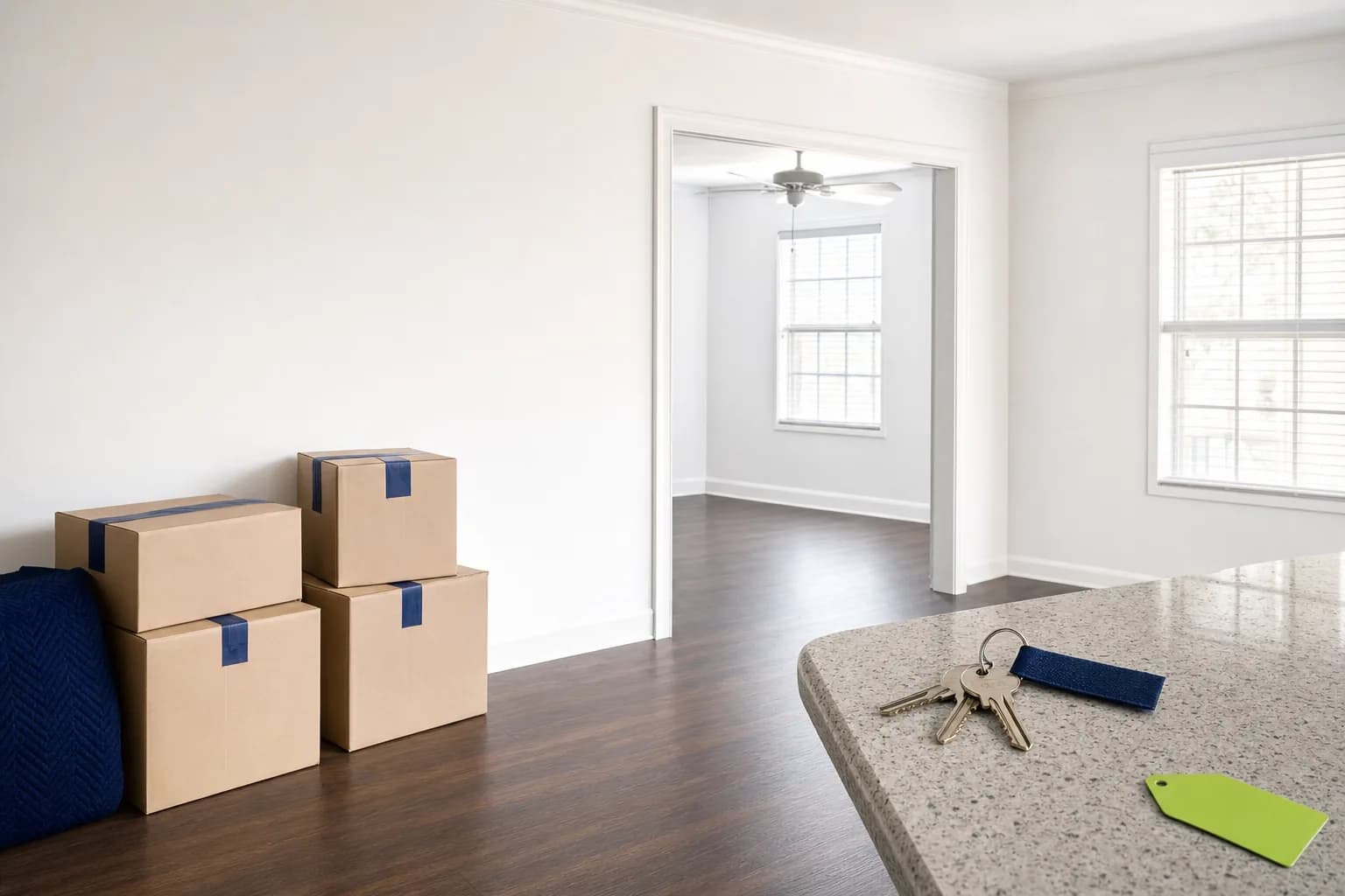 Bright empty room with stacked moving boxes and keys ready for handoff