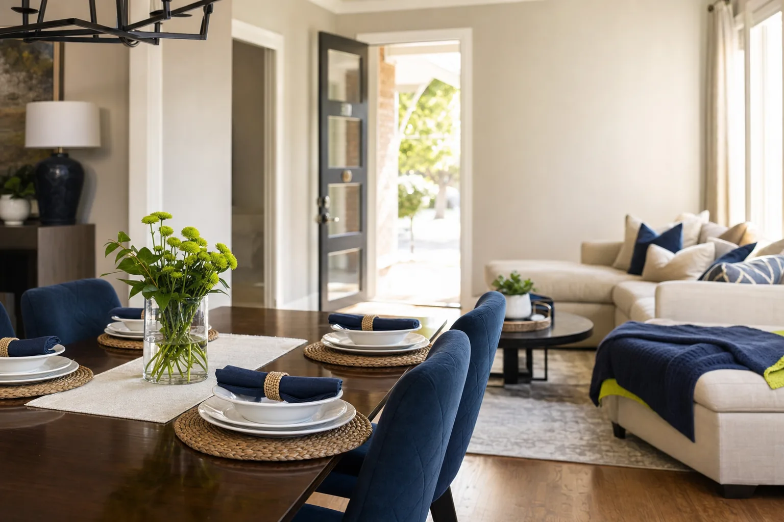 Freshly reset living and dining space styled for arriving guests