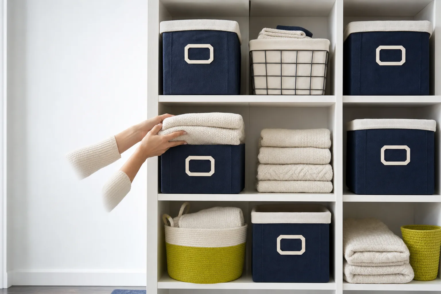 Hands placing folded towels onto organized closet shelves with labeled bins