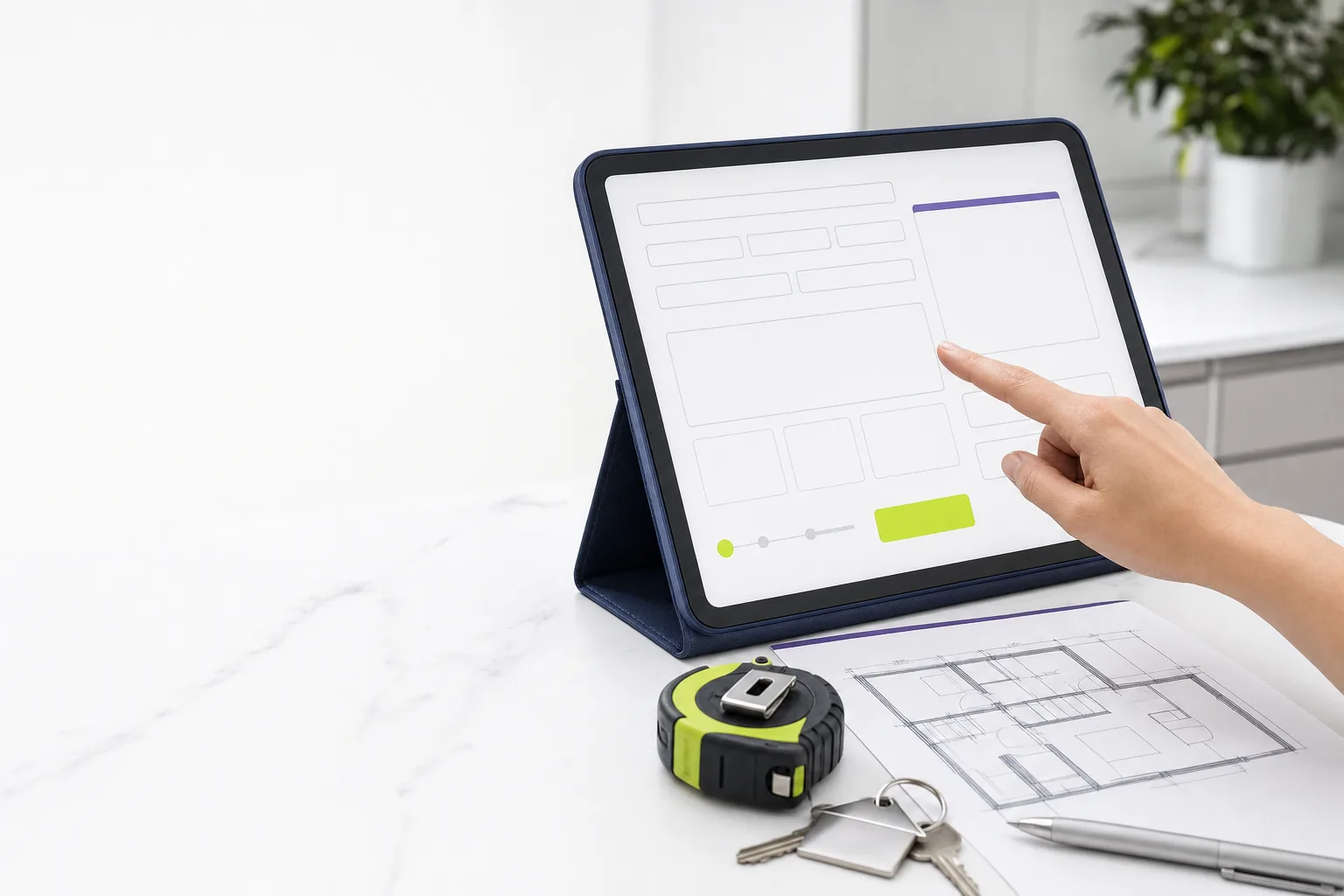 Hand filling out an estimate form on a tablet beside home paperwork