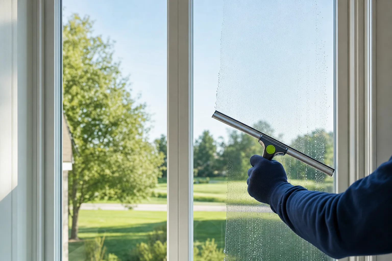Squeegee gliding across a sunlit window pane with trees beyond the glass