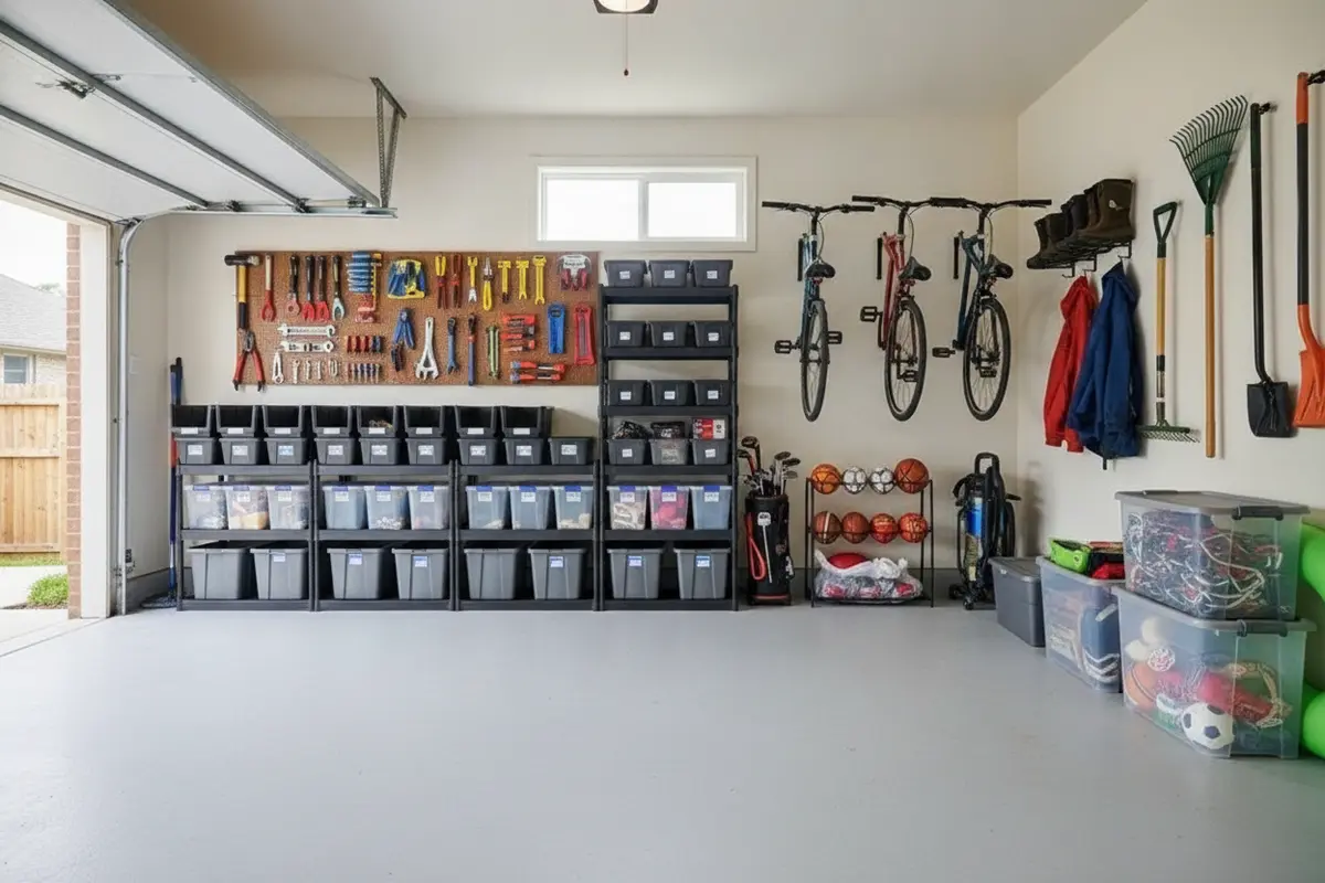 A home garage arranged into practical storage zones with shelves and wall-mounted tools