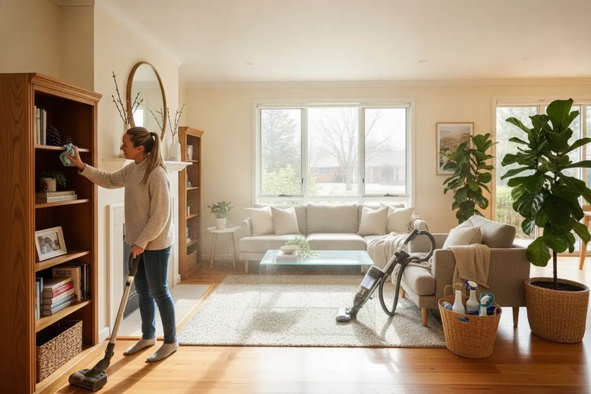 A homeowner dusts and vacuums a living room during a winter clean