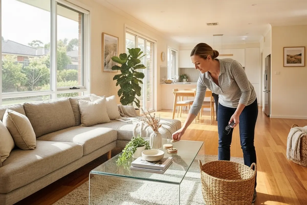 A homeowner gathering personal items before a cleaning visit