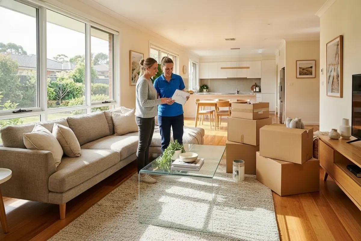 A homeowner sorts moving boxes into clear priority groups beside a room-by-room checklist