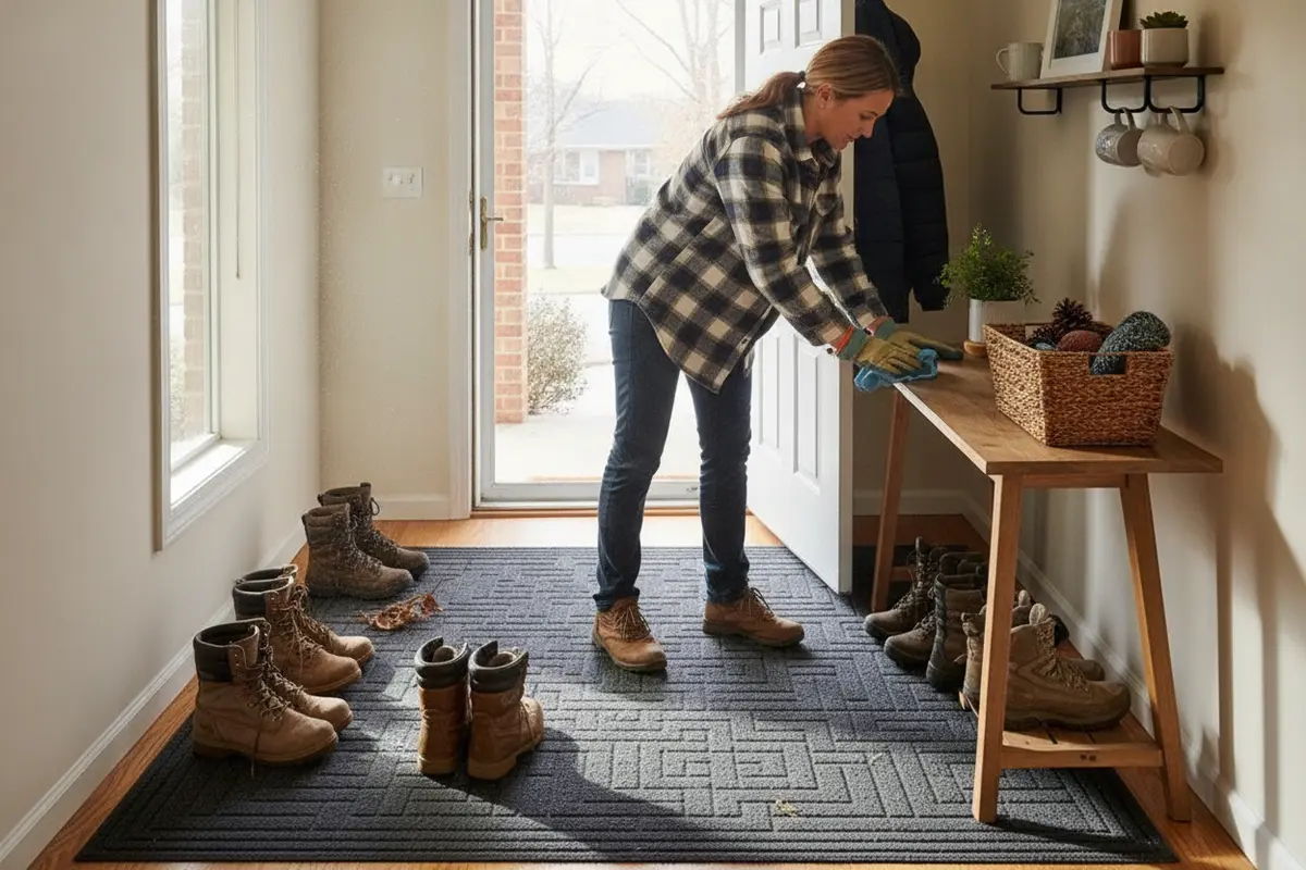 A homeowner tidies an entryway and places winter footwear on a mat