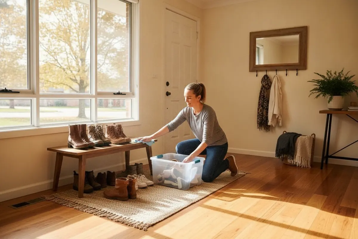 A homeowner tidying an entryway as part of a fall home cleaning plan.