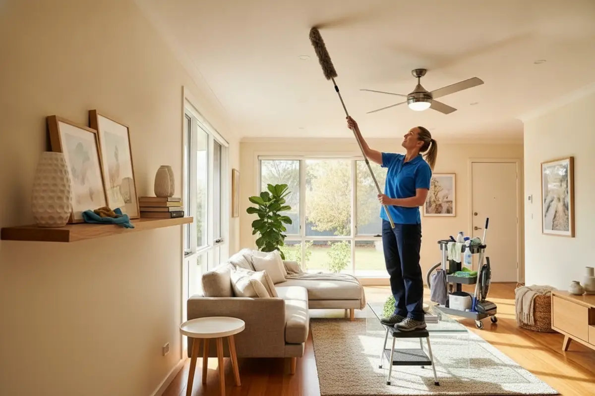 A living room being dusted during a seasonal home refresh.