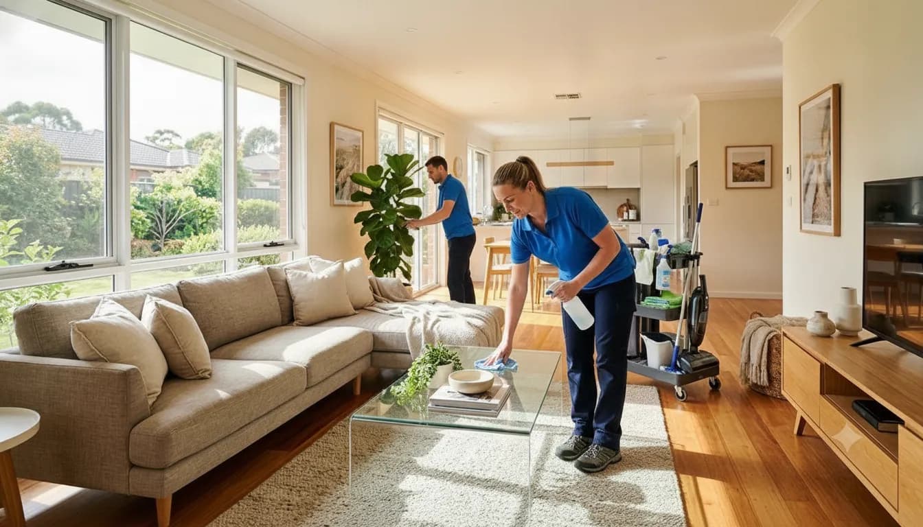 Professional cleaners preparing a bright apartment living room