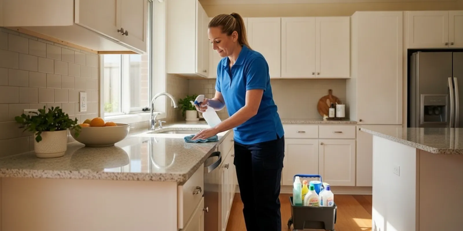 Cleaning professional wiping a bright kitchen counter in an Oklahoma home