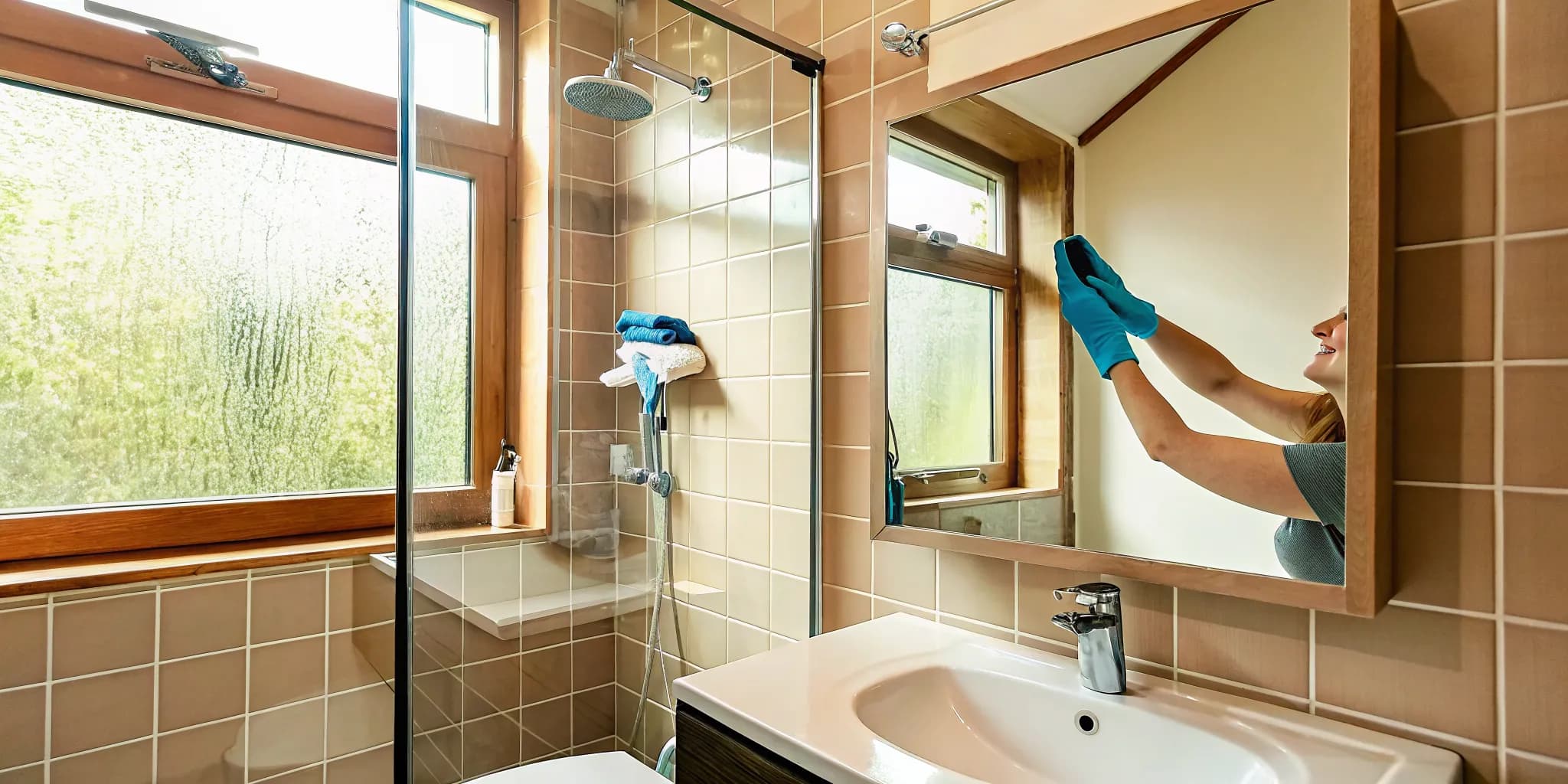 Professional cleaner completing monthly bathroom detail work