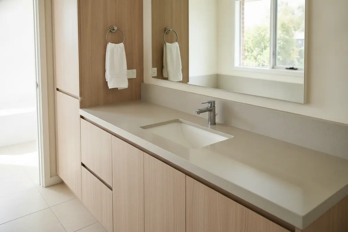 Bathroom vanity cleared so the sink and counter are accessible