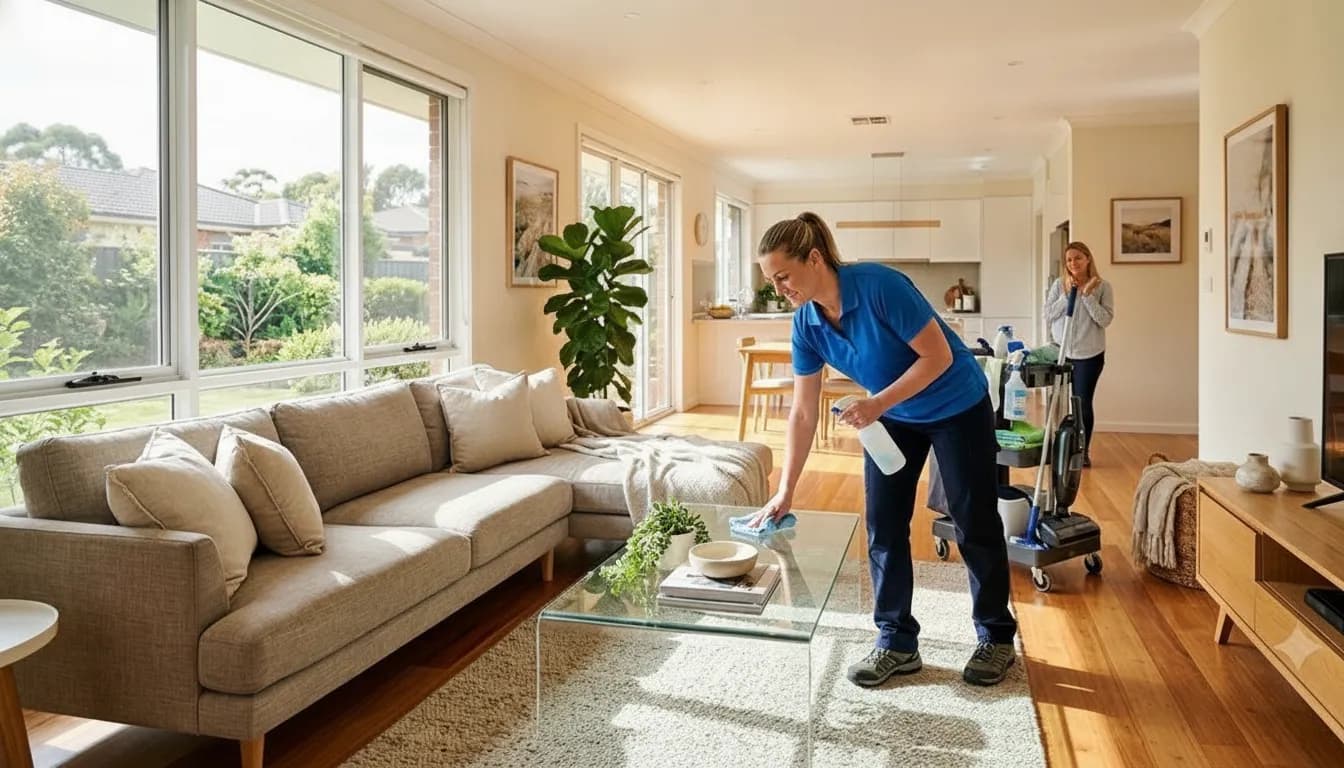 Professional residential cleaner dusting a bright living room in an Oklahoma City home