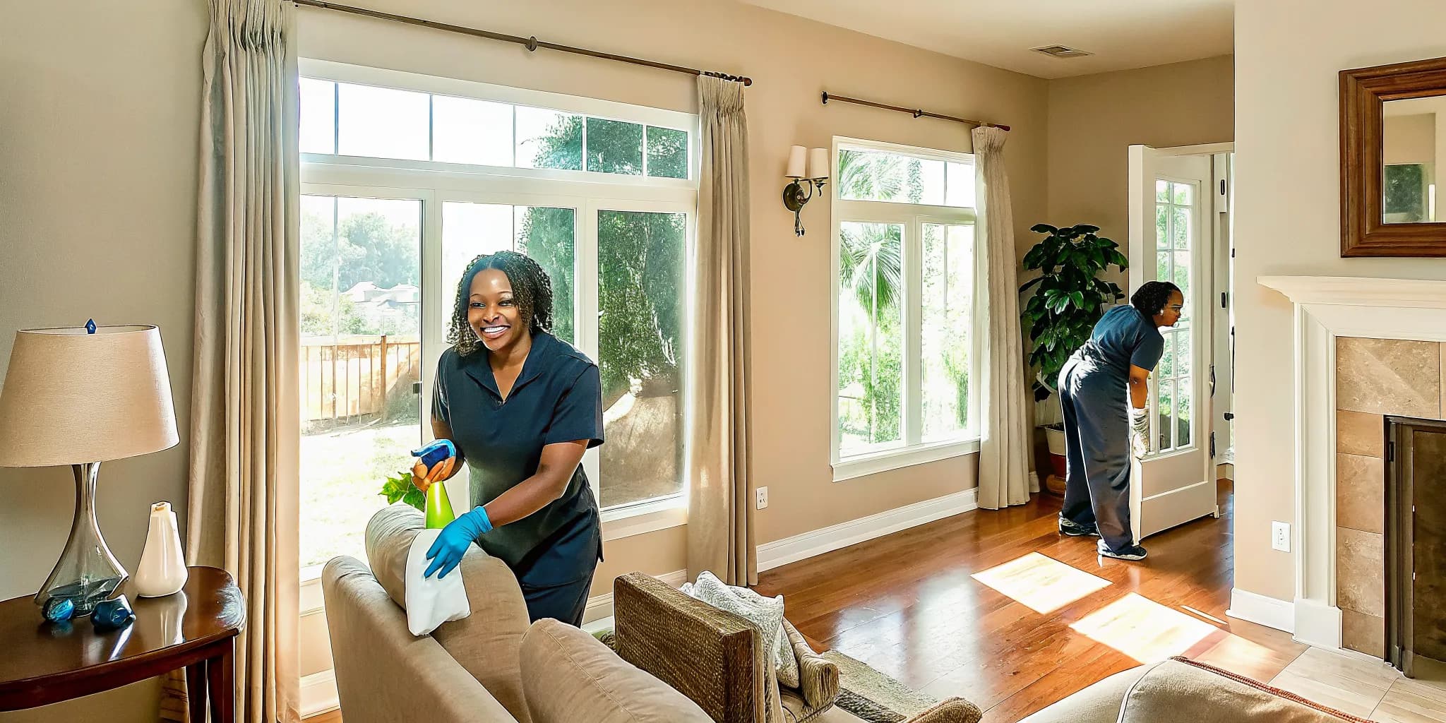 Professional house cleaner working in a bright Oklahoma City living room with eco-friendly supplies