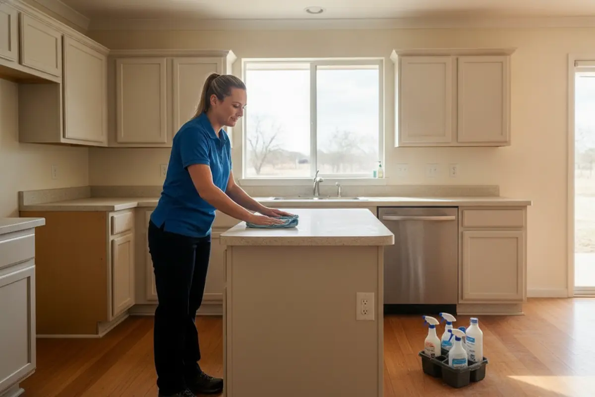 Cleaner checking kitchen surfaces in a vacant home before estimating the work