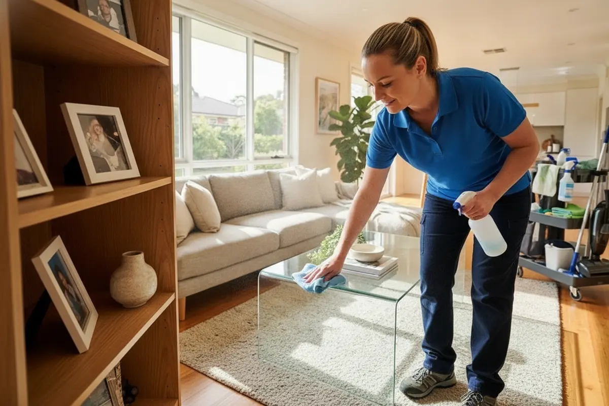Cleaner dusting a living room shelf during a home cleaning visit