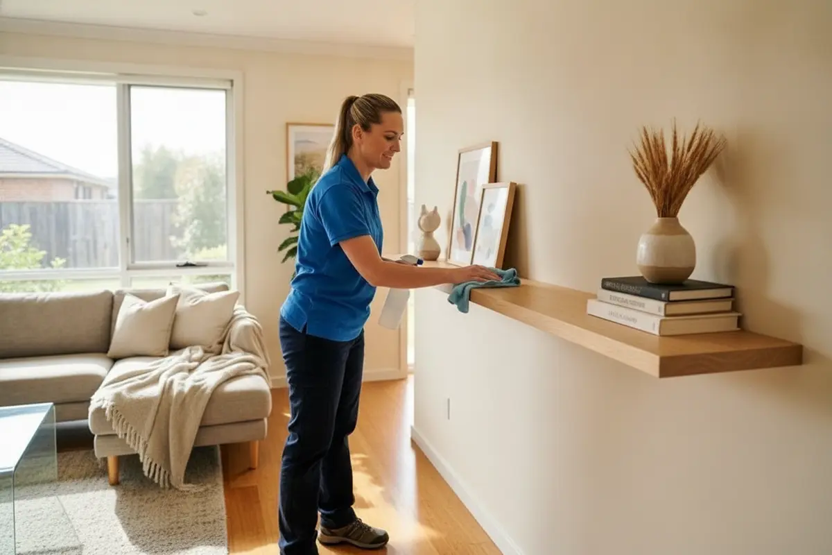 Cleaner dusting a living room shelf during a one-time house cleaning visit