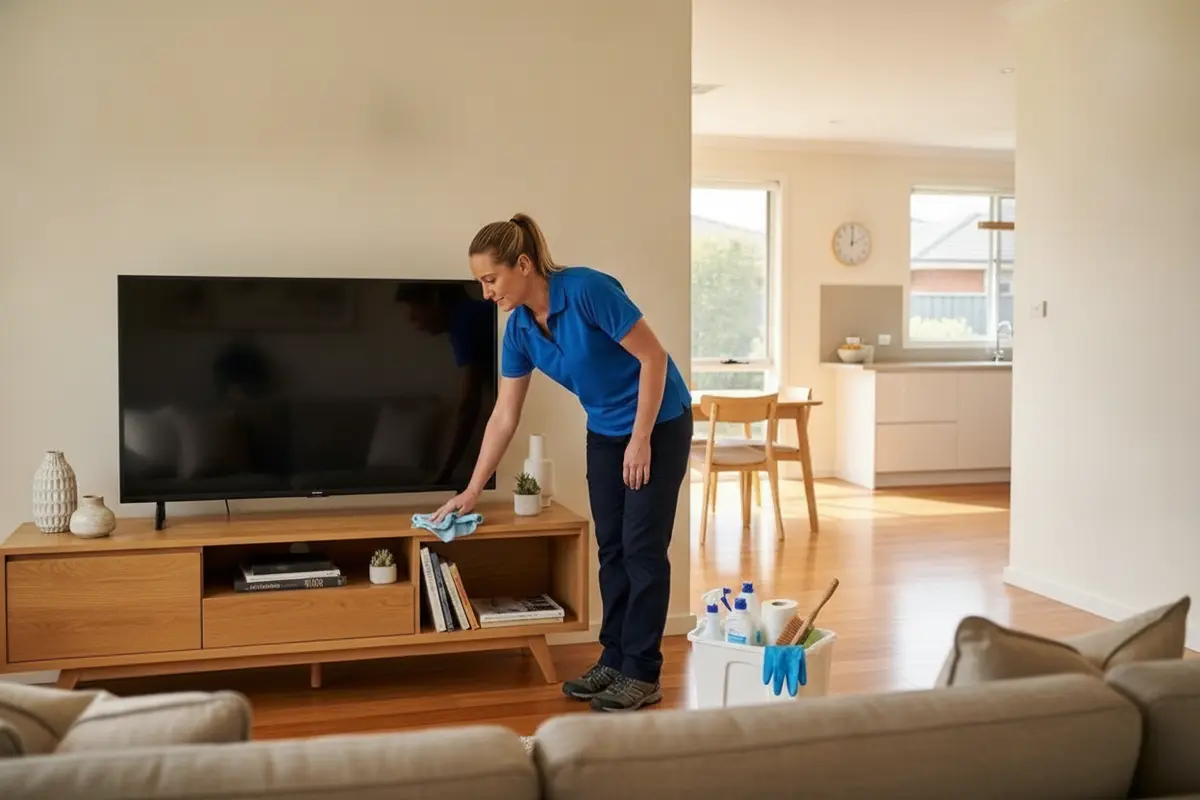 Cleaner dusting a living room shelf with supplies nearby