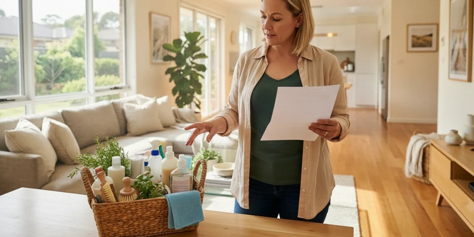 Homeowner using a cleaning checklist while tidying a bright Oklahoma home
