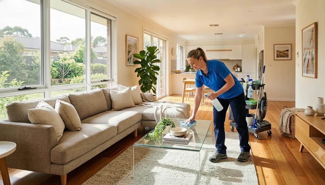 Professional cleaner preparing a bright Moore home for service
