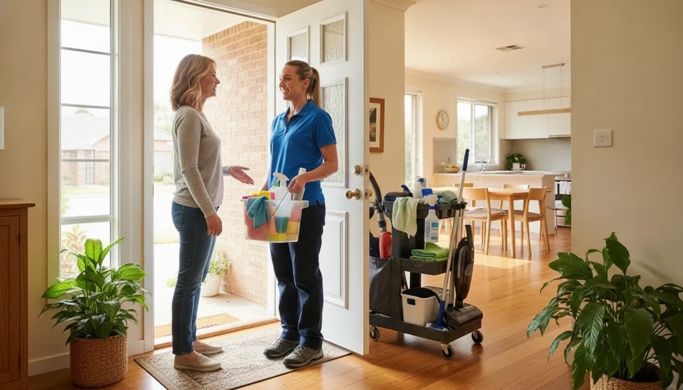 Homeowner meeting a professional cleaner at an Oklahoma City area home