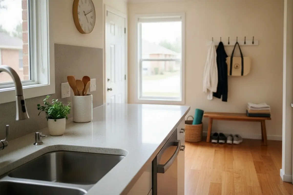 Clear kitchen counter and entryway ready for a professional home cleaning visit