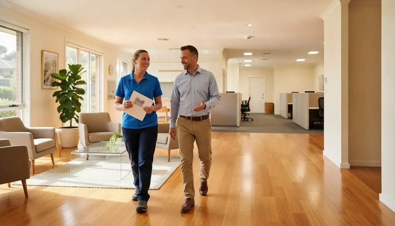Facility manager reviewing a commercial cleaning plan with a professional cleaning team leader