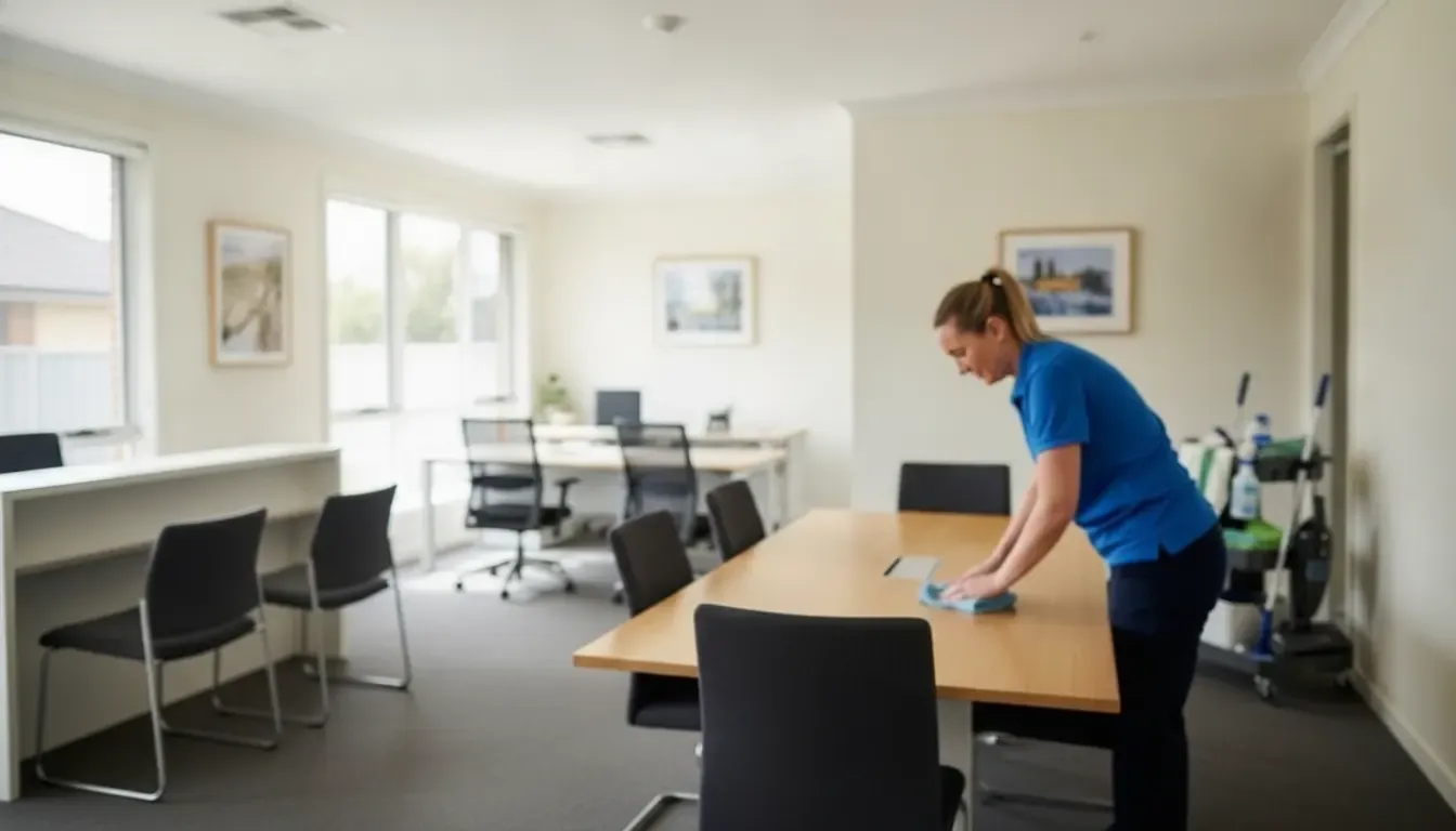 Commercial cleaning professional maintaining a bright small office