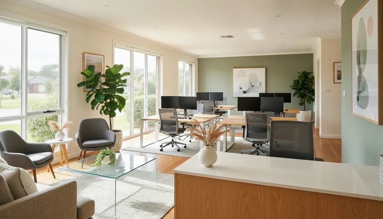Clean commercial office reception and workspace prepared for business hours