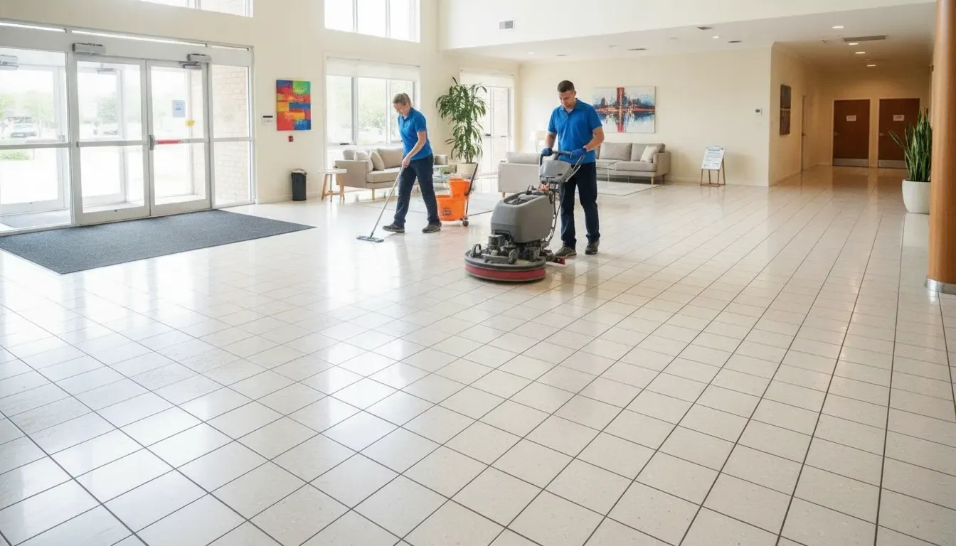 Commercial floor cleaning team maintaining a tile lobby floor