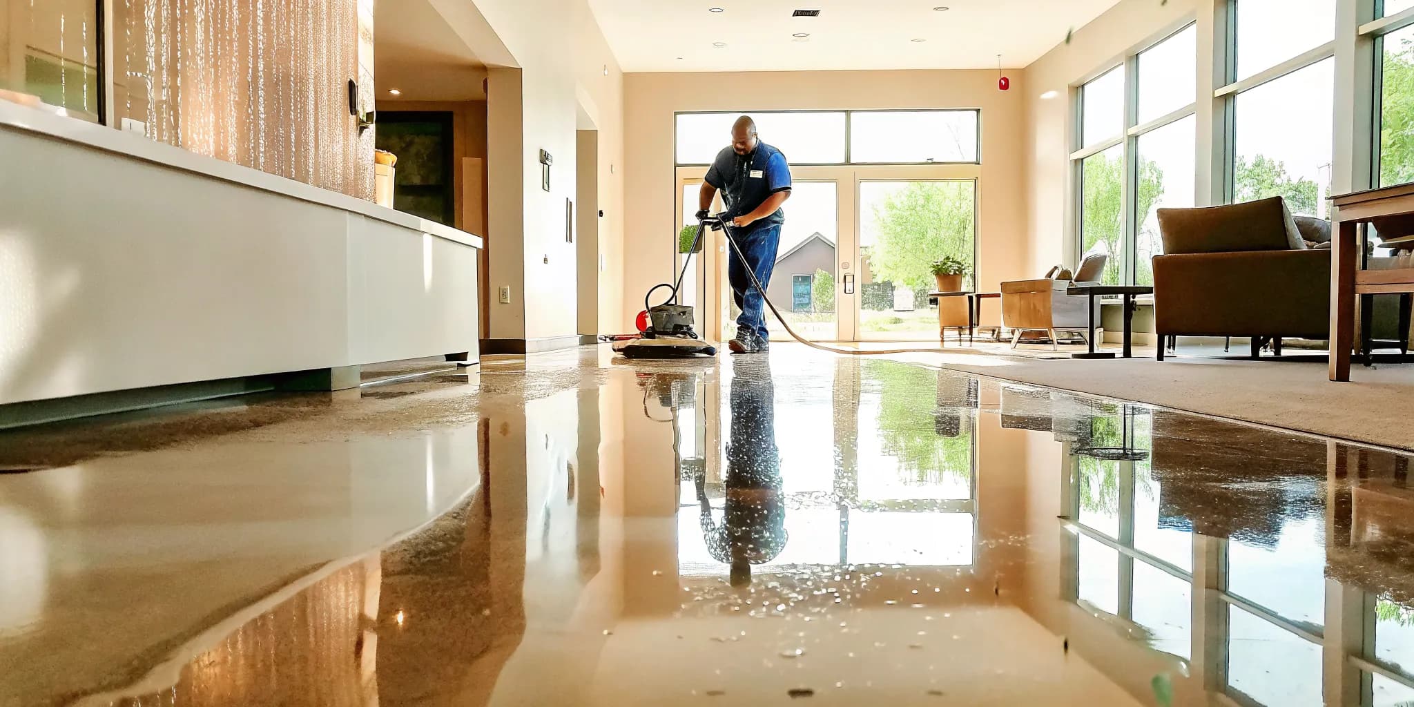 Professional commercial cleaning technician buffing a polished office lobby floor