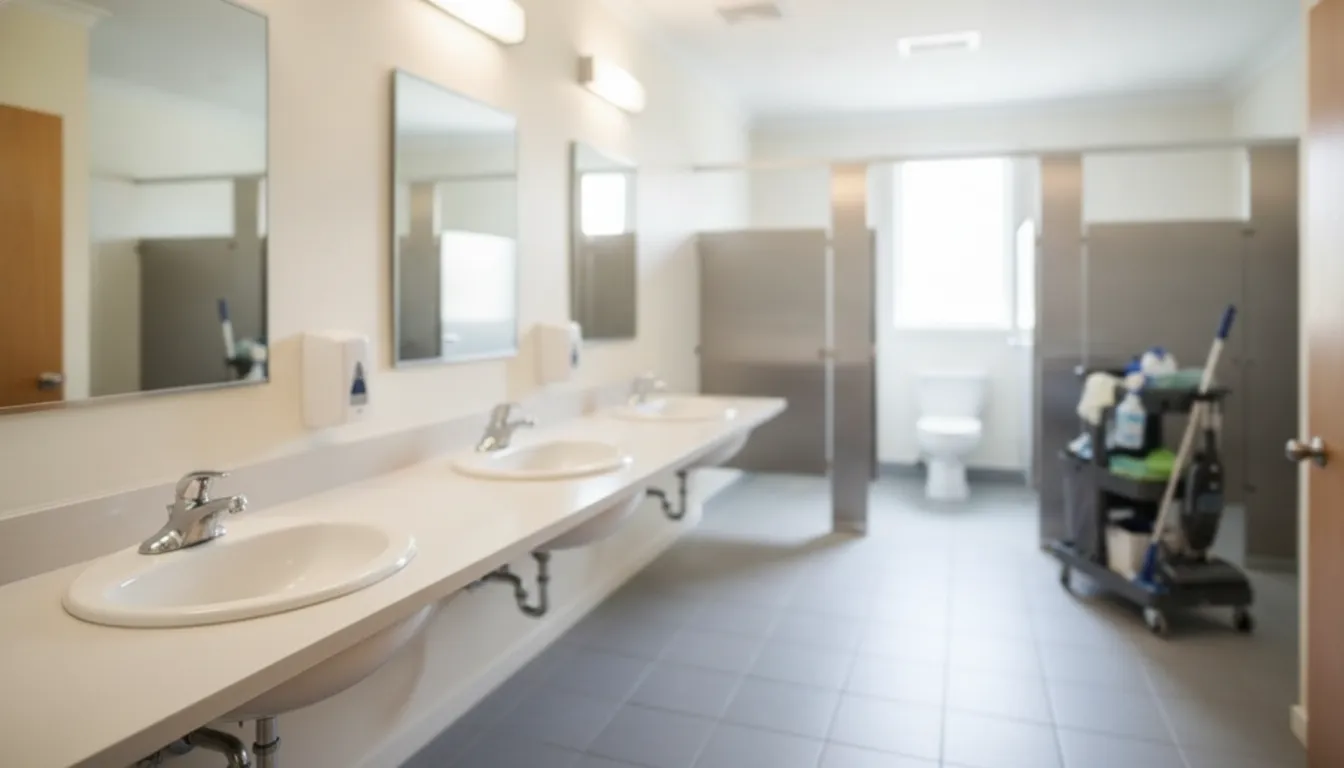 Bright commercial office restroom maintained by a professional cleaning team