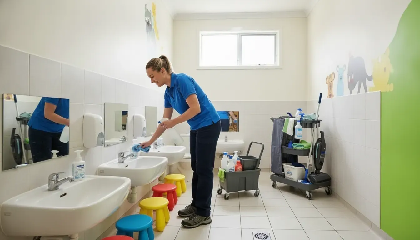 Professional cleaner maintaining a daycare restroom and handwashing area