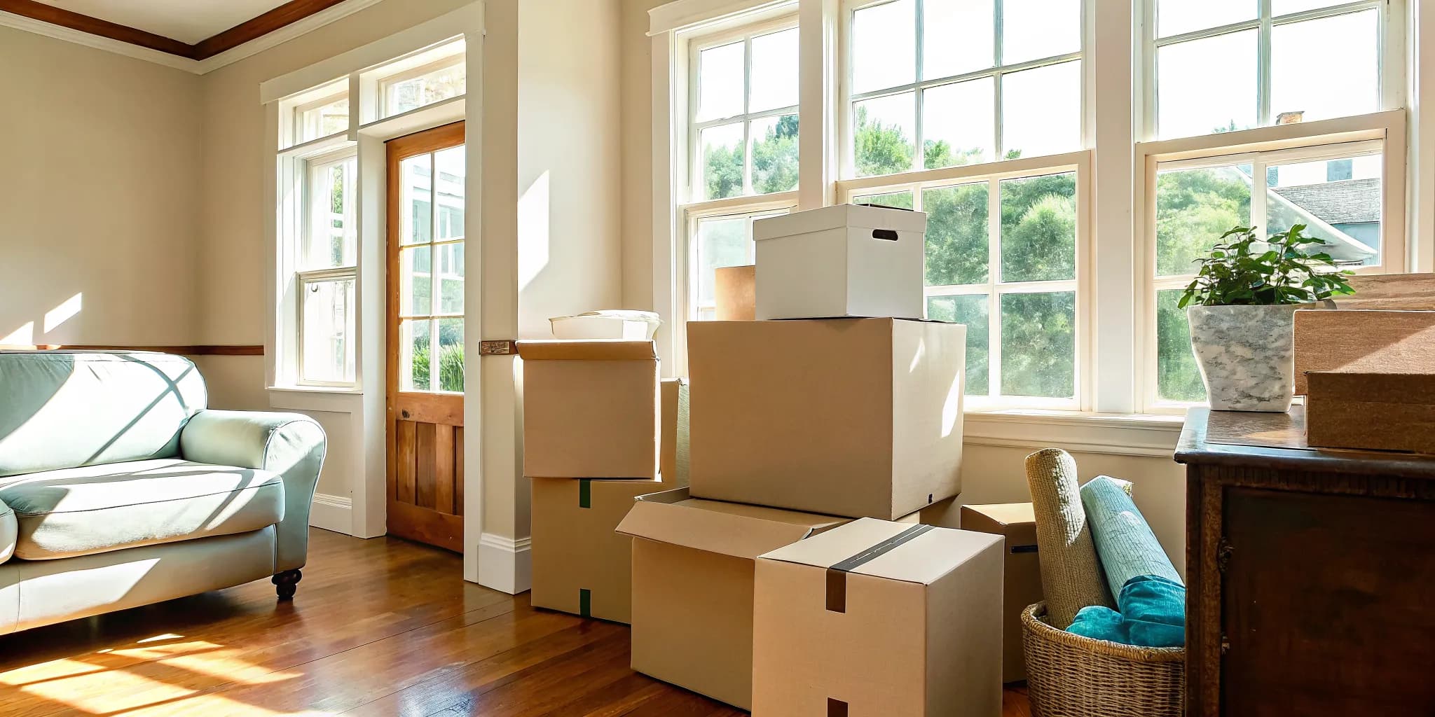 A beautifully organized and decluttered living room with moving boxes ready for a stress-free transition.