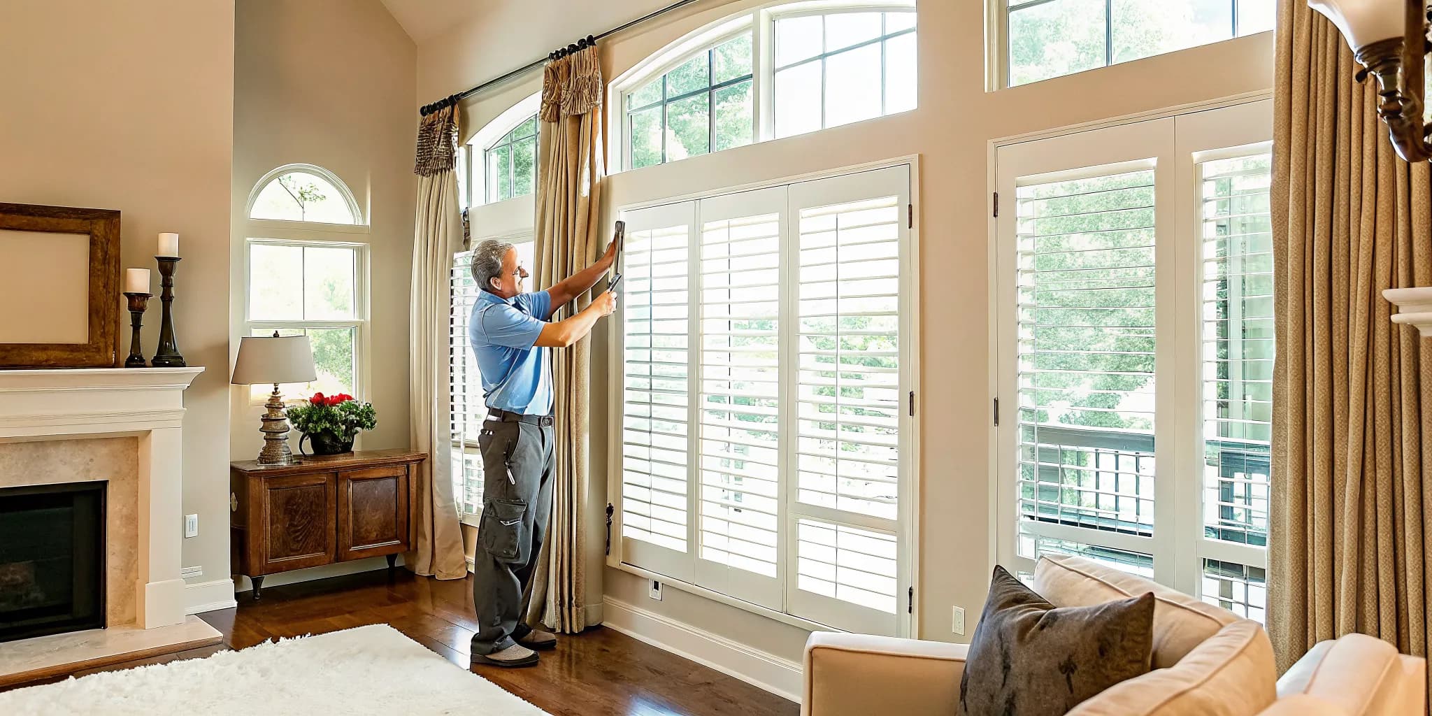 Professional dusting blinds during a deep cleaning service in Oklahoma City