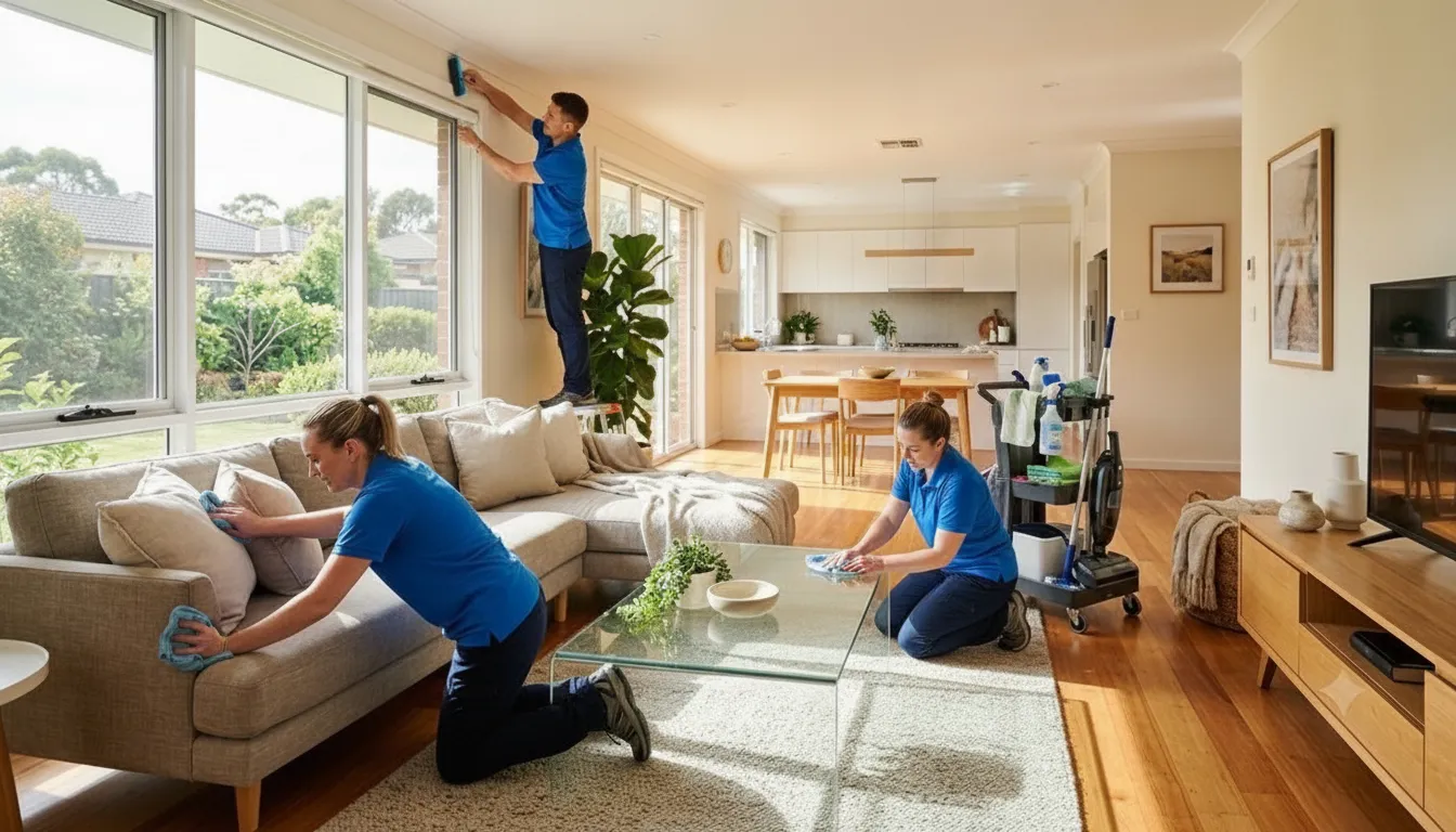 Professional cleaning team deep cleaning baseboards and detail areas of a bright Oklahoma City home kitchen