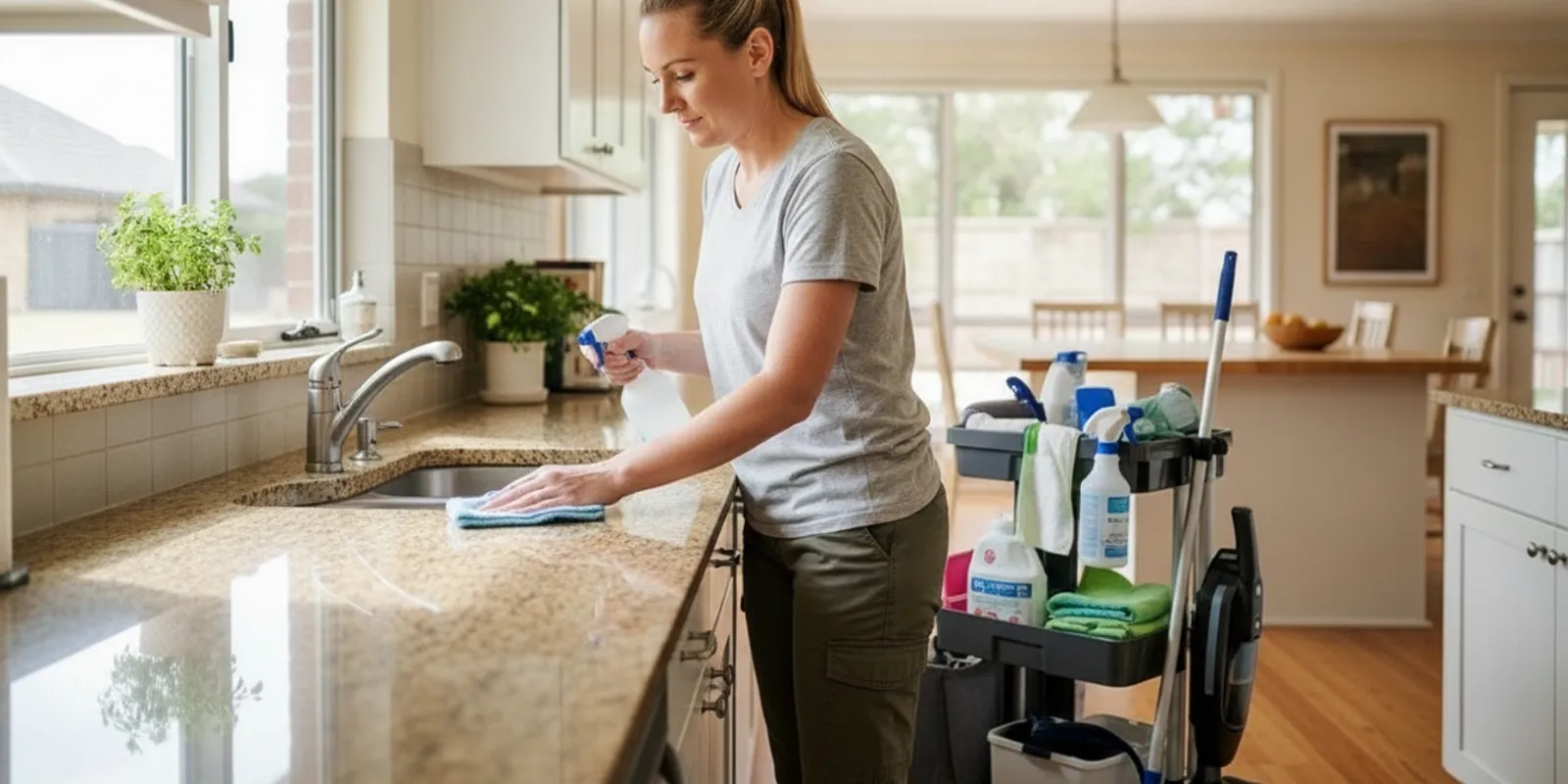 Cleaner wiping a kitchen counter during a careful home deep clean