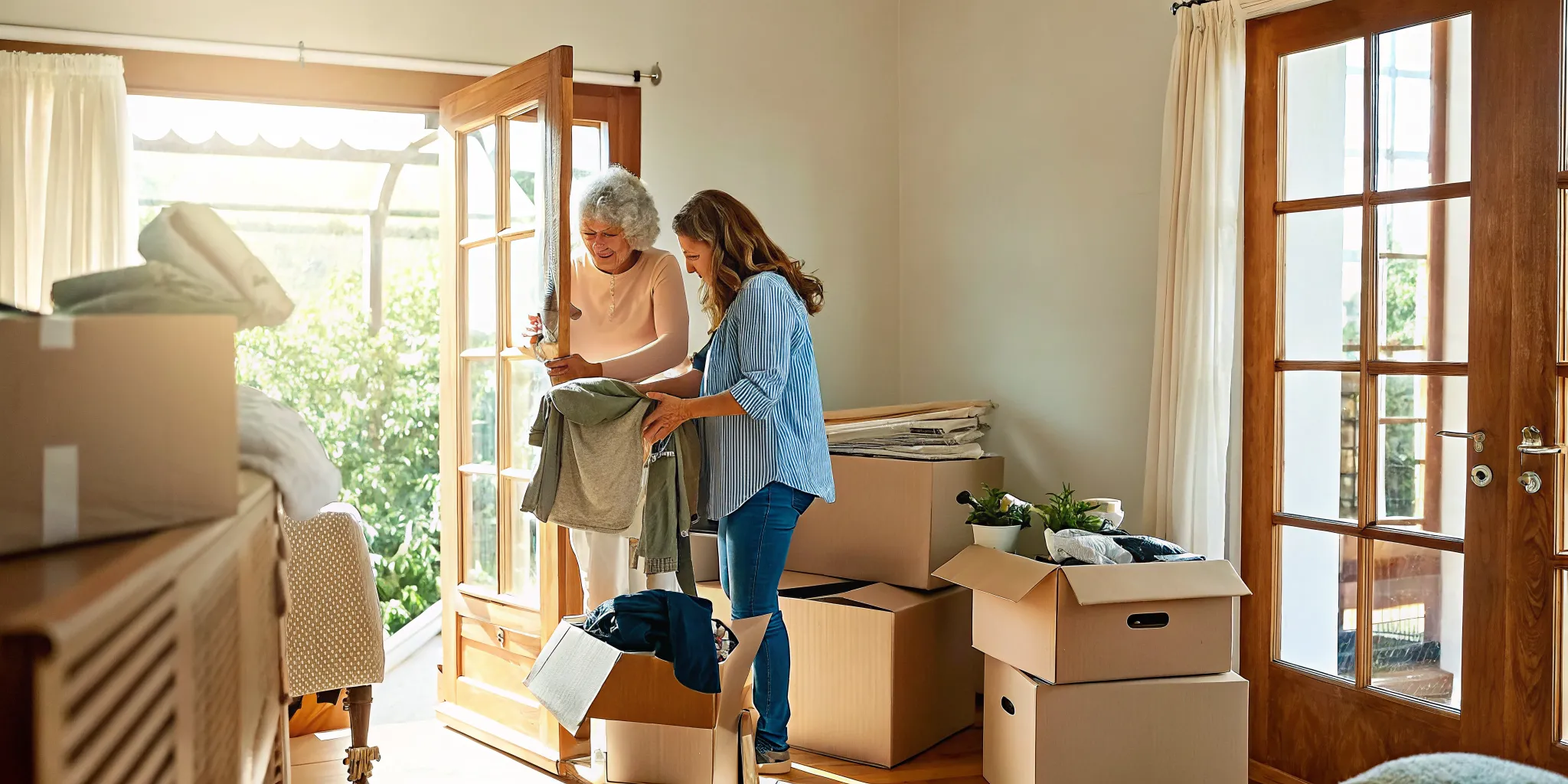 Homeowner and family member sorting belongings for a downsizing move