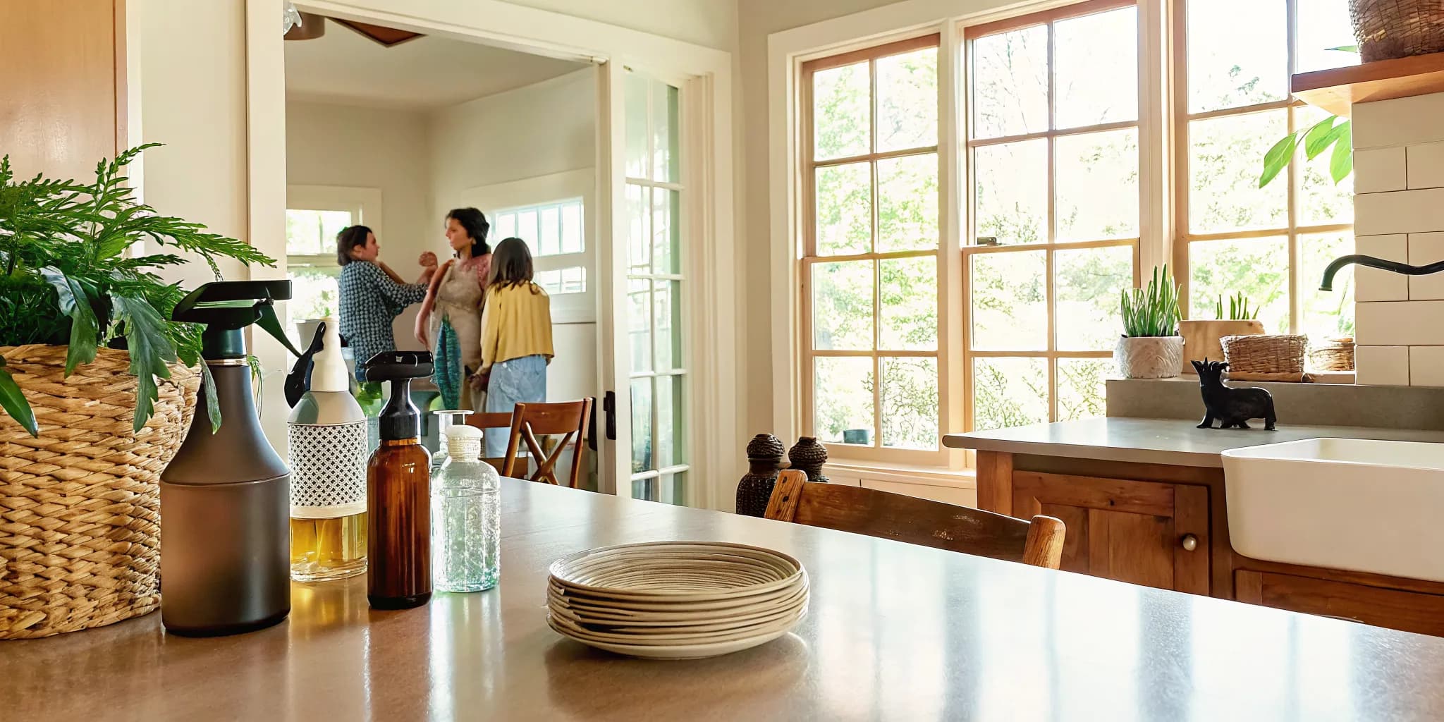 Bright, clean Norman Oklahoma home with eco-friendly cleaning products, natural light, and green plants