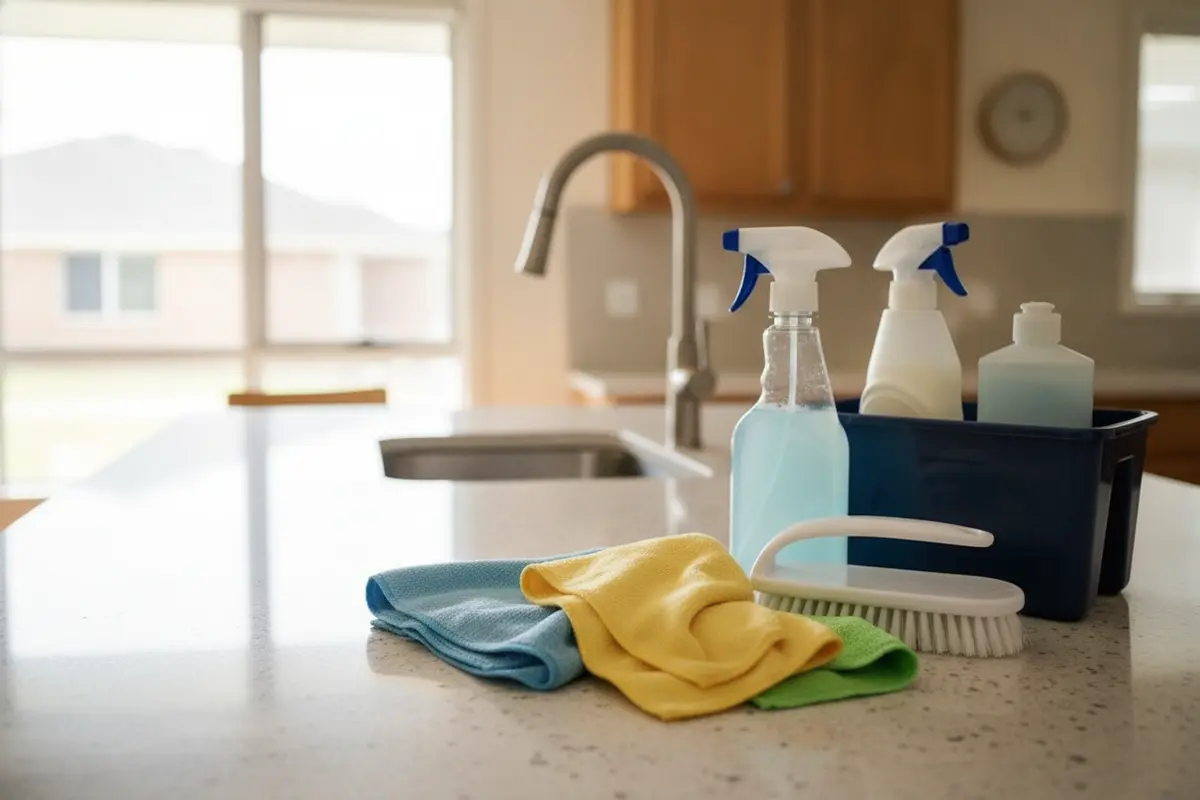 Everyday household cleaning tools arranged on a kitchen counter