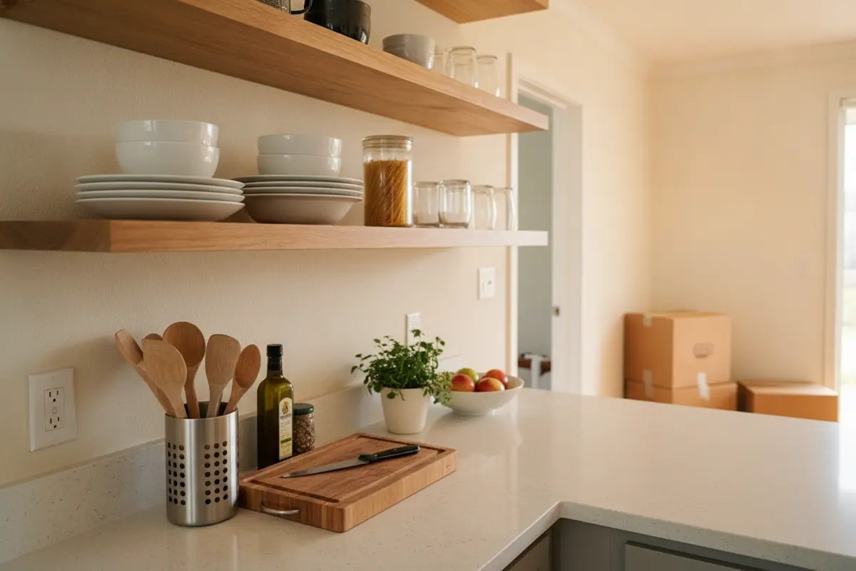 Everyday kitchen essentials arranged neatly on shelves after a move
